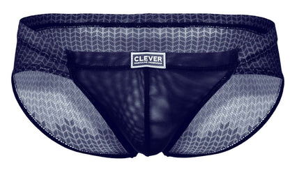 Dark blue mesh men’s briefs with subtle geometric pattern and clever male underwear branded label by Clever 2016