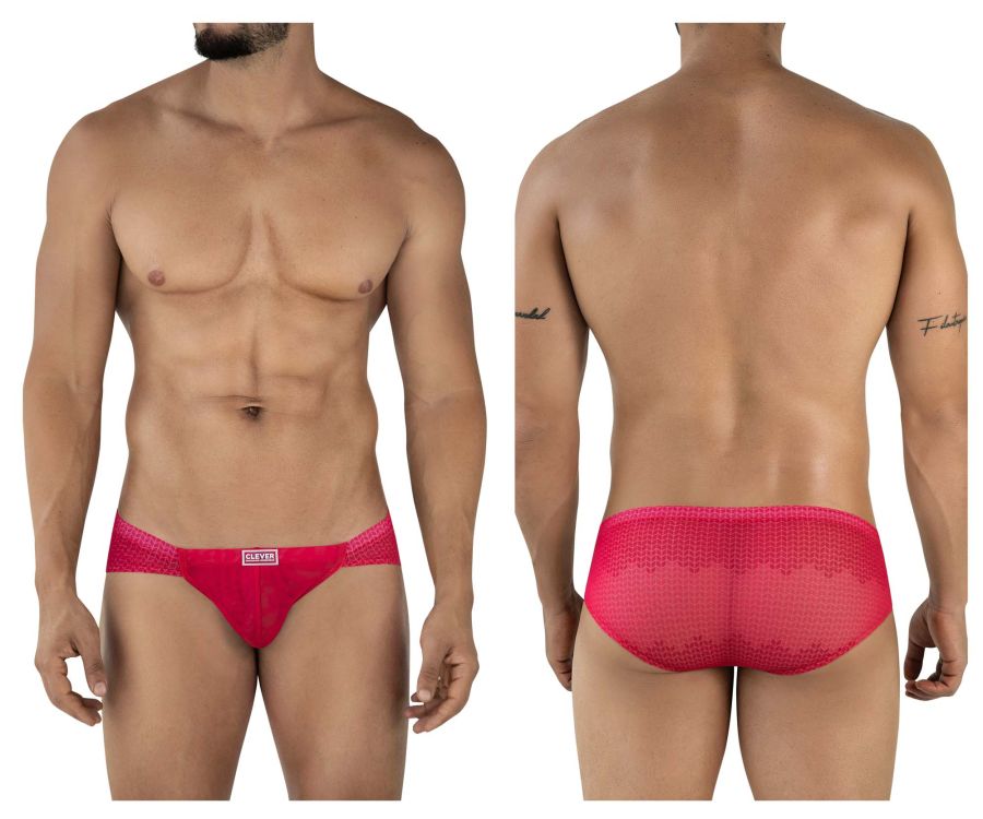 Bright pink mesh textured men’s briefs with subtle pattern and clevis branding from clever 2016 mosaico briefs red