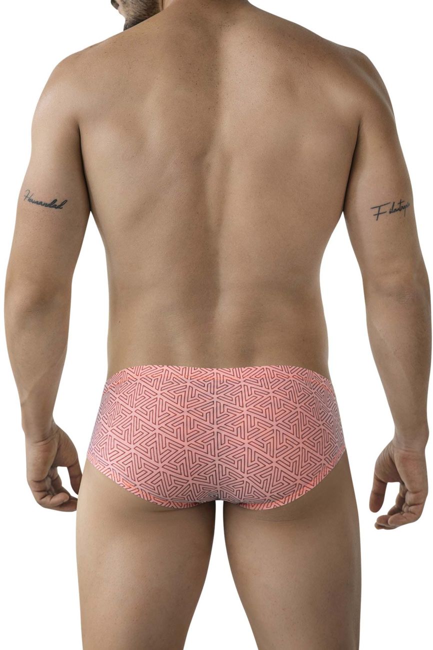 Pink patterned swim trunks with a geometric design from clever 2017 neon briefs color orange collection