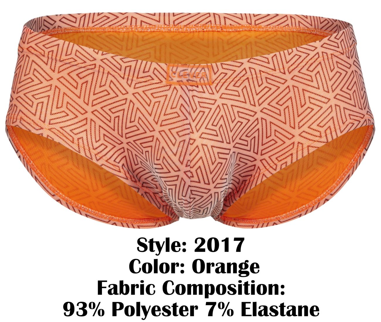 Orange patterned briefs with geometric design and orange lining made of 93 polyester 7 elastane from clever 2017