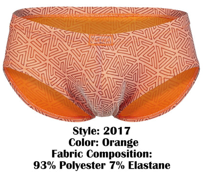 Orange patterned briefs with geometric design and orange lining made of 93 polyester 7 elastane from clever 2017