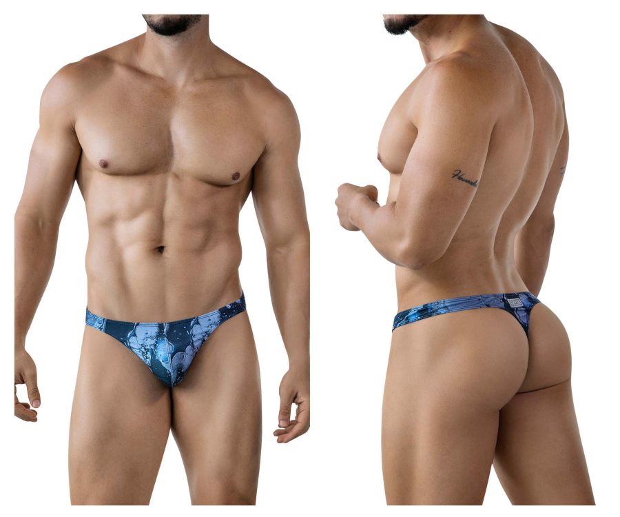 Blue patterned clever 2020 galia men’s thong with a floral design in dark blue showing the front side