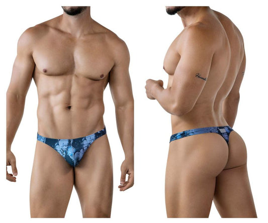 Blue patterned clever 2020 galia men’s thong with a floral design in dark blue showing the front side