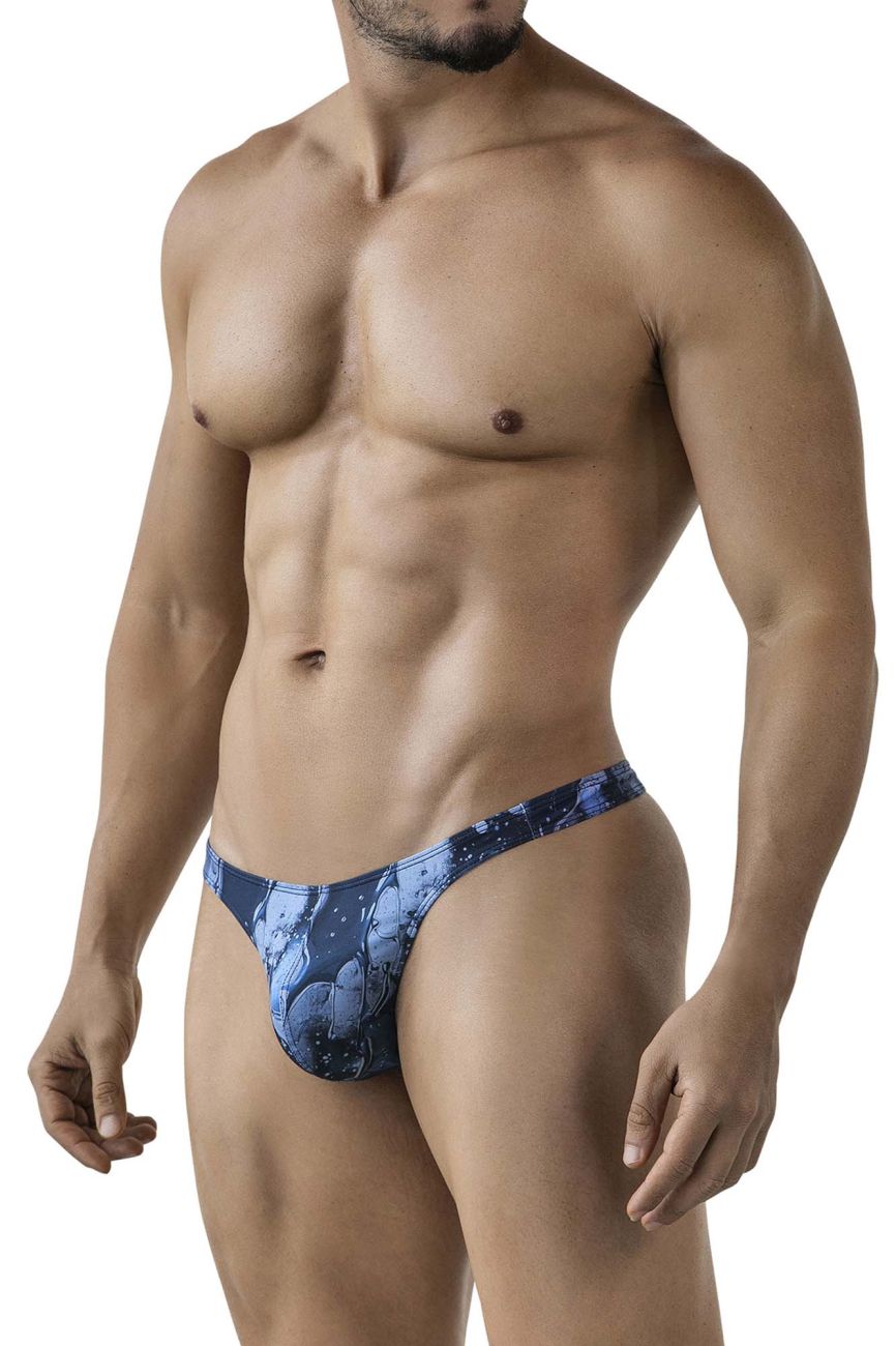 Blue patterned men’s thong with cosmic design from clever 2020 galia thongs in dark blue