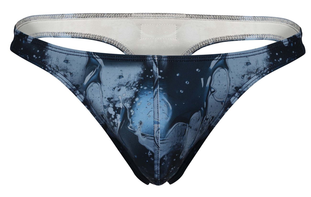 Blue and black abstract splash-patterned clever 2020 galia men’s thong with silver-trimmed waistband front side
