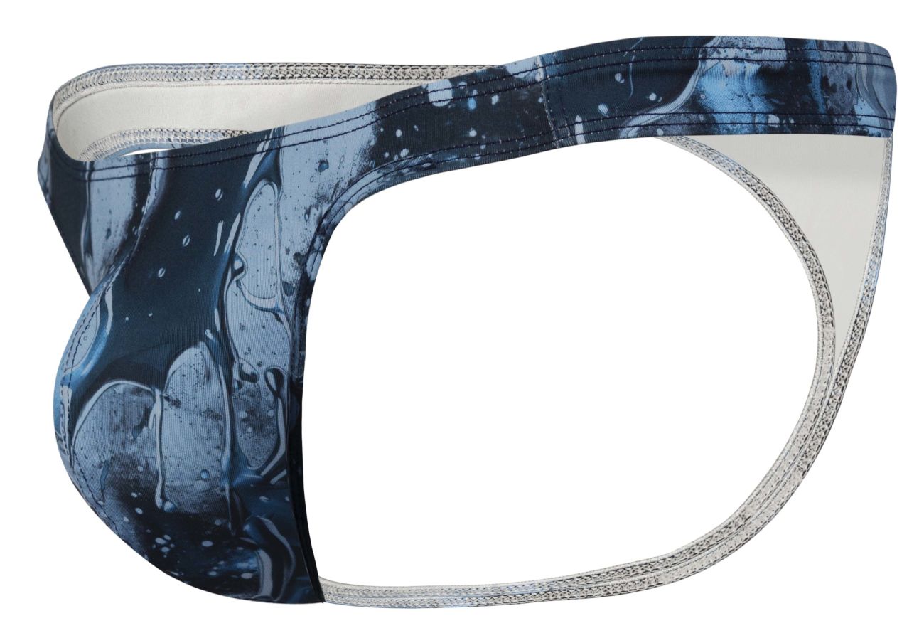 Blue and white abstract splash patterned men’s briefs with silver toned trim from clever 2020 galia thongs color dark blue