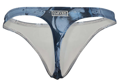 Blue and white patterned clever 2020 galia thong with branded waistband in dark blue shown from the back side