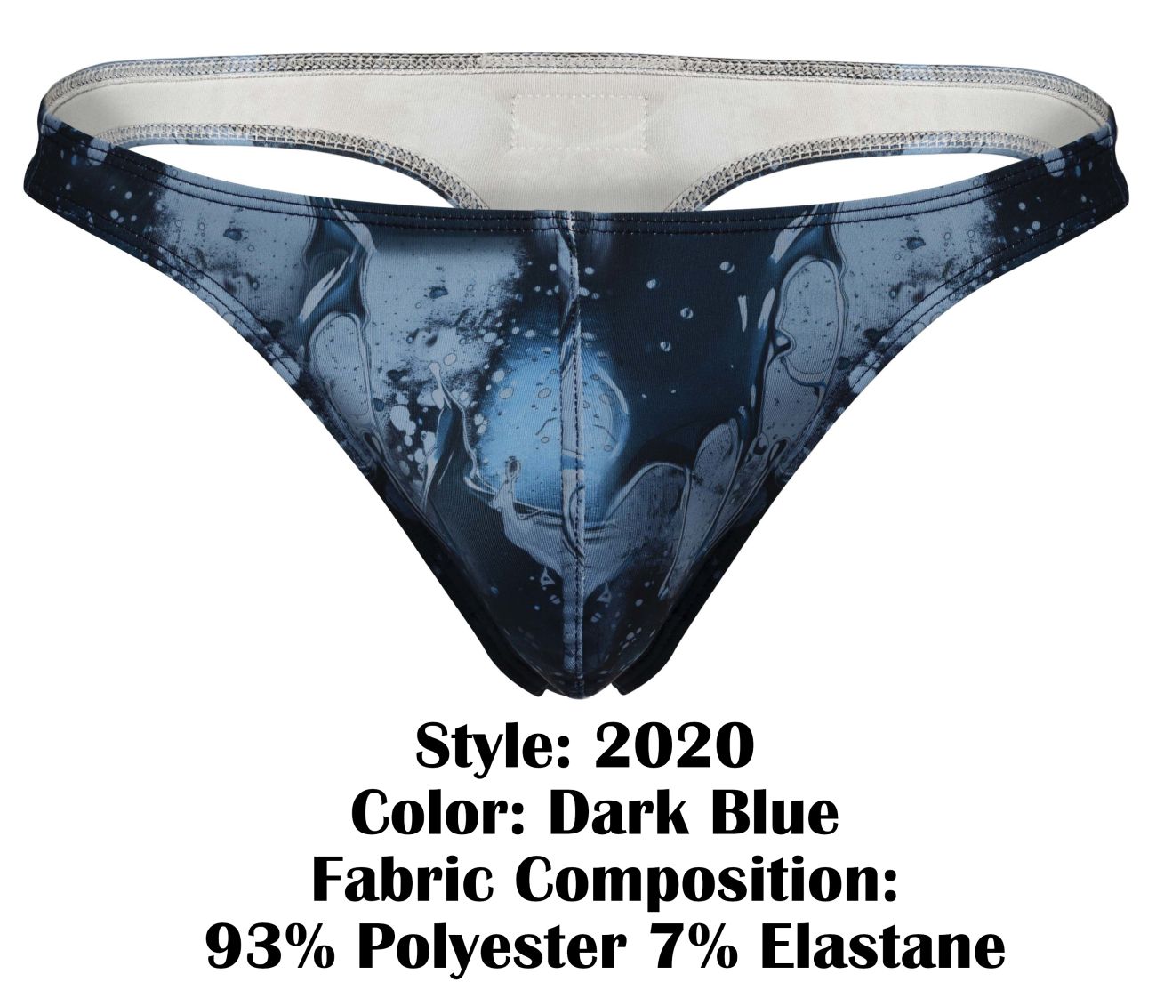 Dark blue clever 2020 galia thong with glossy abstract liquid design and swirling droplet patterns