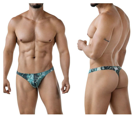 Men’s clever 2020 galia thong in green with teal and black pattern and sleek modern design shown from the back side