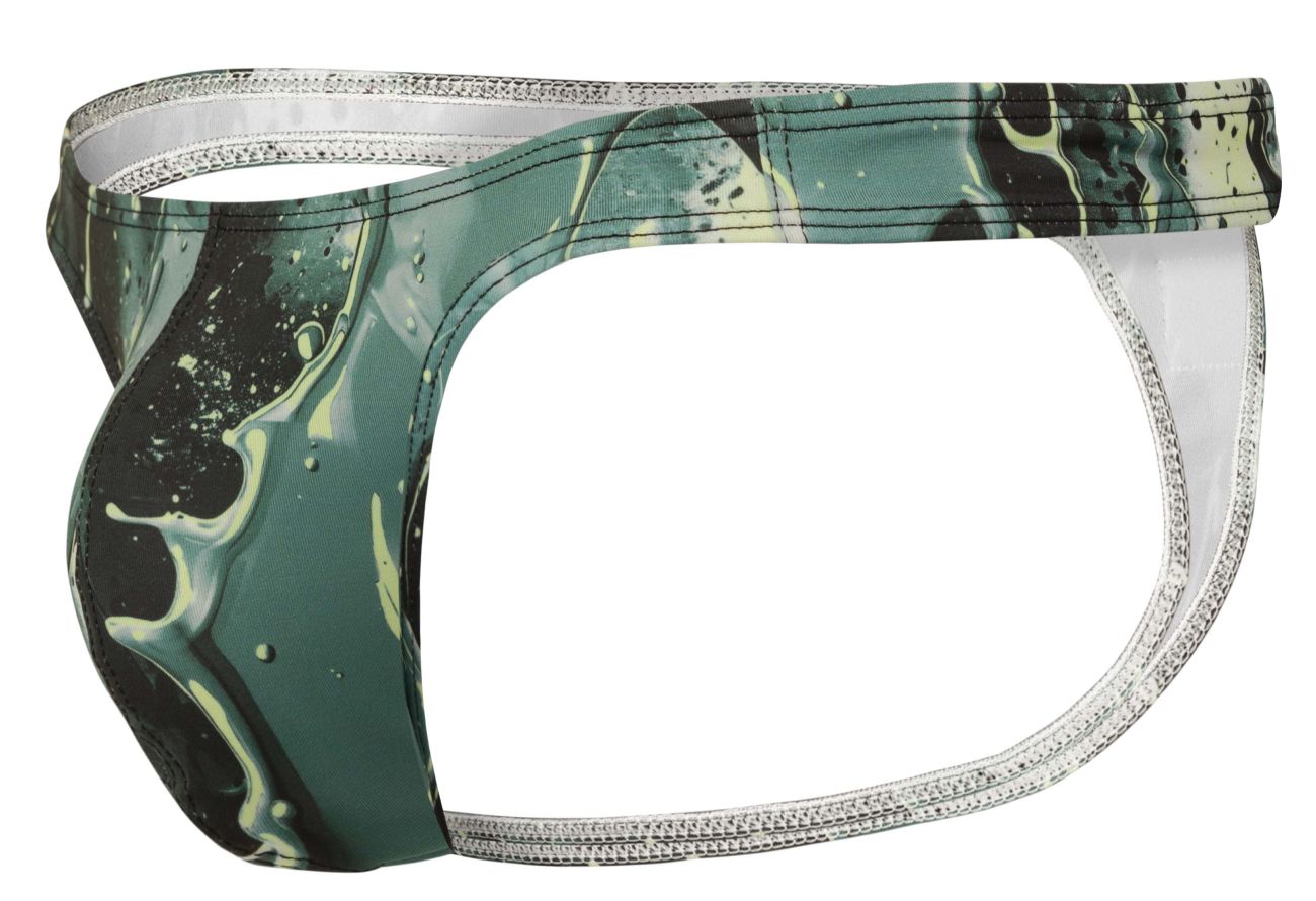 Men’s briefs in green and black marbled pattern with silver zipper trim from clever 2020 galia collection