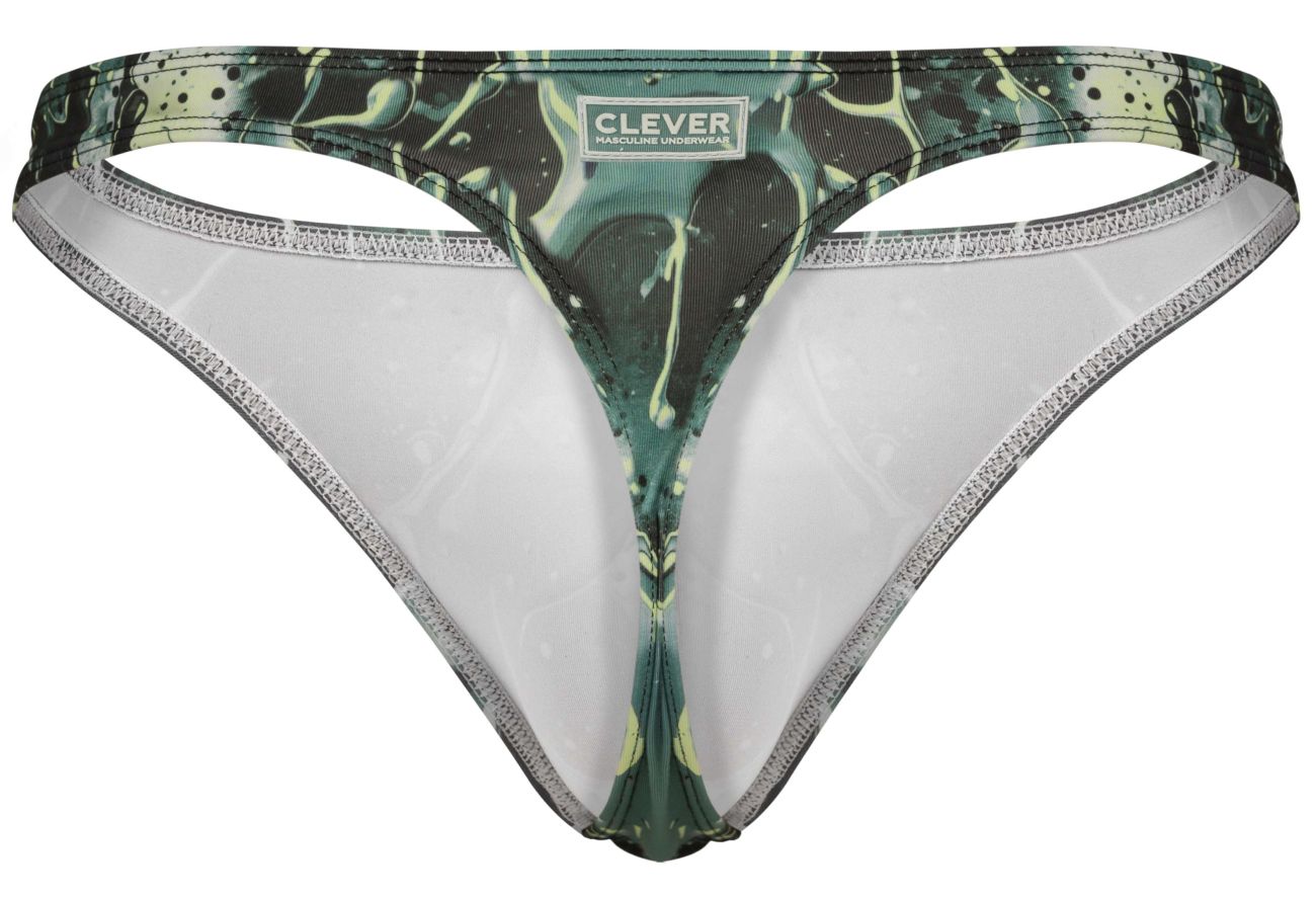Green and black splatter patterned clever 2020 Galia thong with white interior lining showing front side