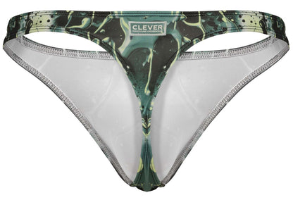 Green and black splatter patterned clever 2020 Galia thong with white interior lining showing front side