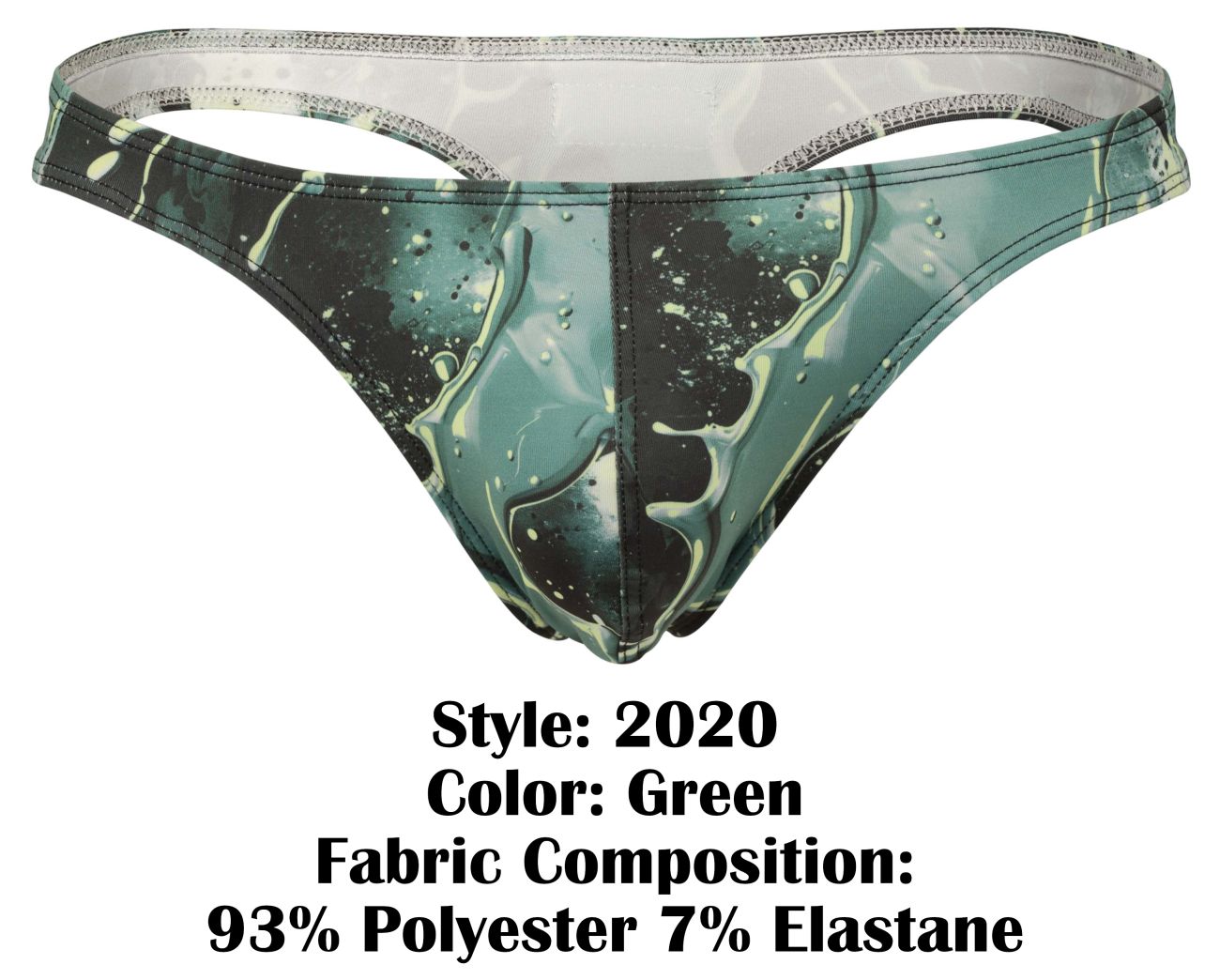 Green clever 2020 Galia thong with teal and black marbled water-like pattern and patterned fabric design