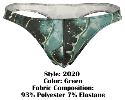 Green clever 2020 Galia thong with teal and black marbled water-like pattern and patterned fabric design