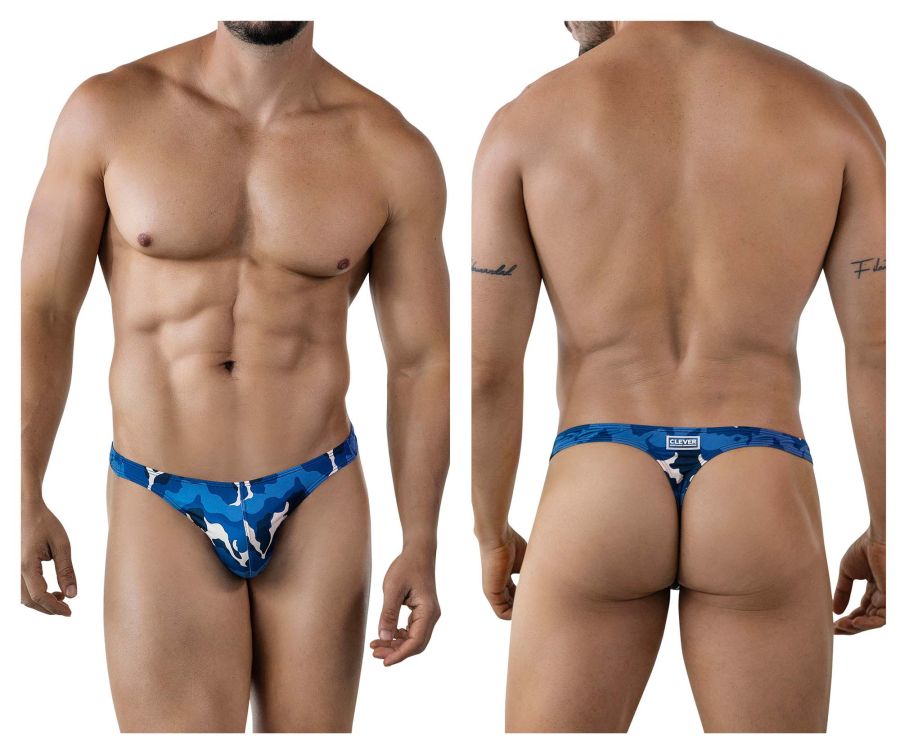 Blue and white camouflage patterned thong by clever showing the back side from the 2023 almeria collection