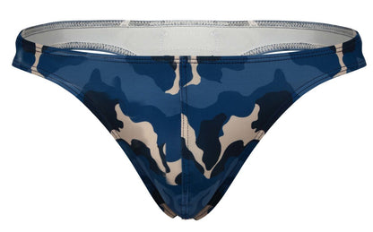 Blue and beige camouflage patterned clever 2023 almeria thongs with a glossy finish swim trunks front view