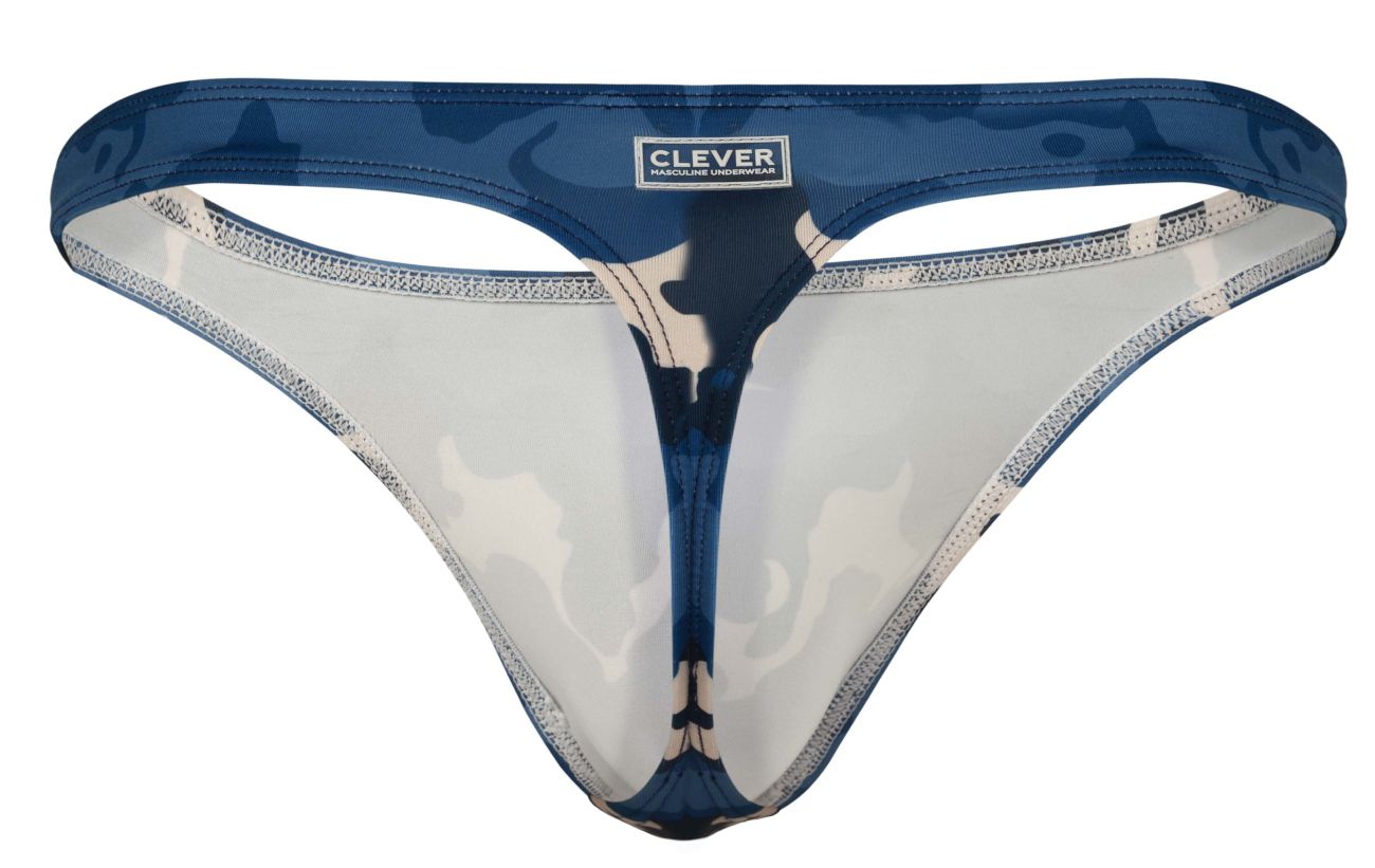Blue camouflage-patterned Clever 2023 Almeria thong with transparent panels and branded label front view