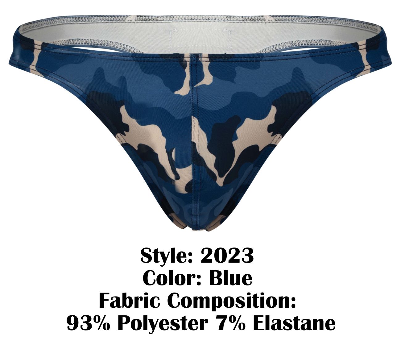 Blue camouflage-patterned clever 2023 almeria thong made of 93% polyester and 7% elastane front view