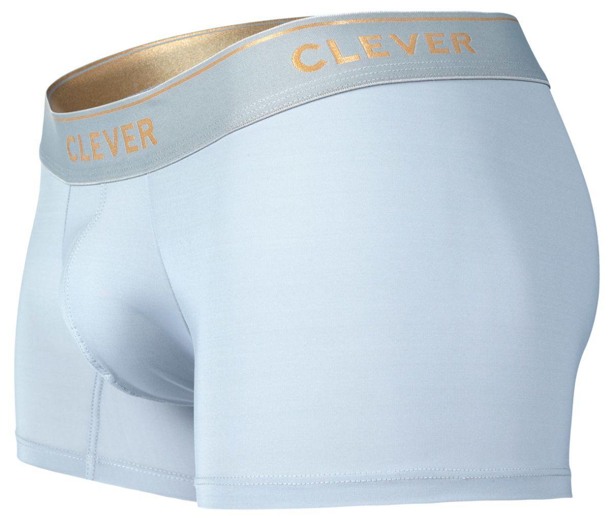 Light blue clever 2026 valladolid trunks with gold-trimmed waistband and clever brand name in gold lettering