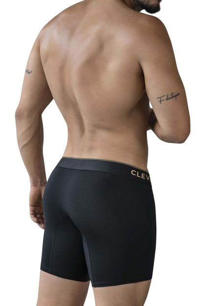 Black cleva brand men’s boxer briefs with sleek form-fitting design and gold lettering on waistband vallenadolid 2027