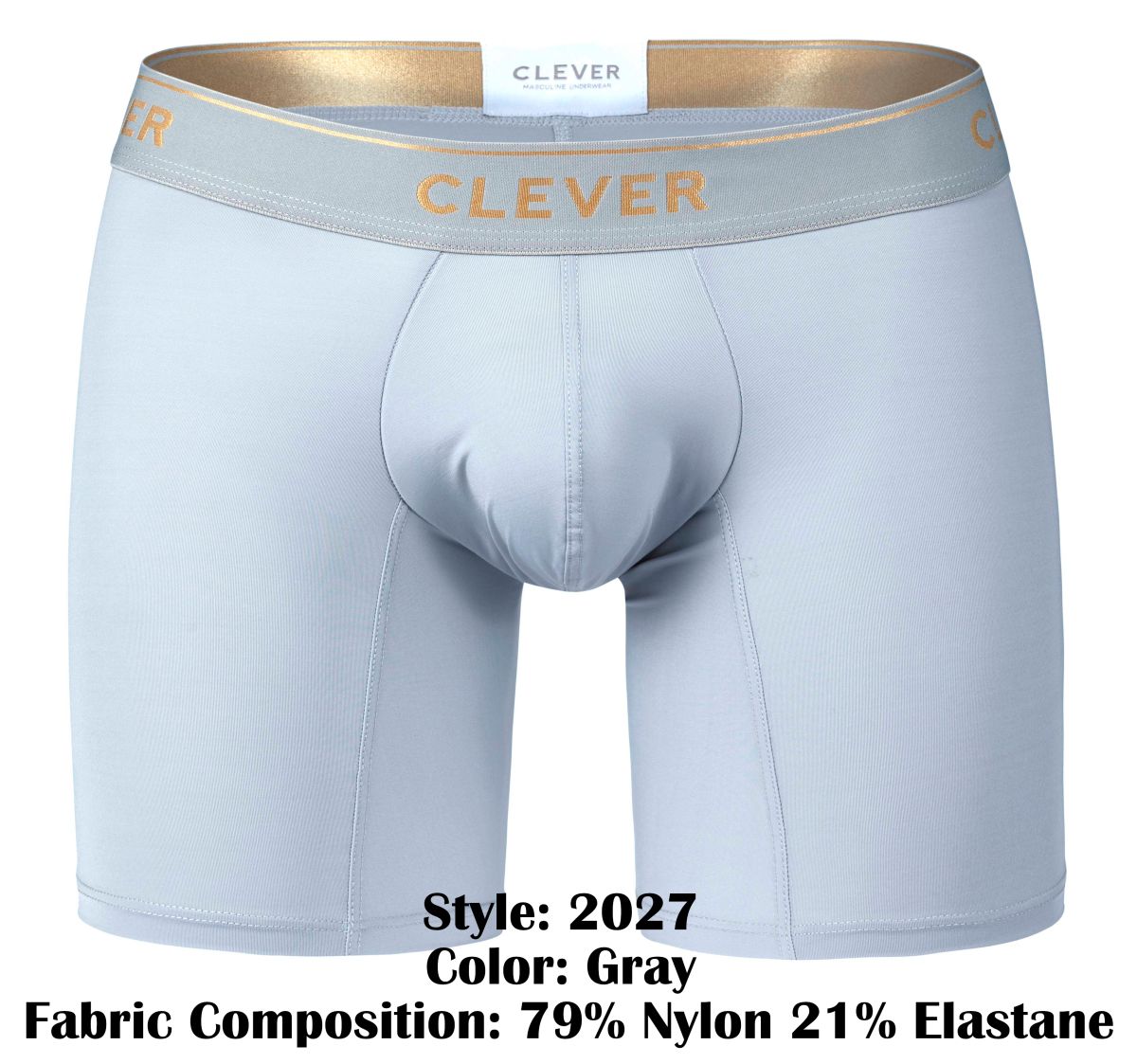 Gray clever 2027 valladolid boxer briefs with gold-trimmed waistband made of 79% nylon and 21% elastane