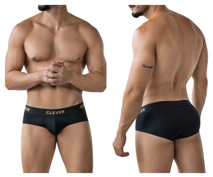 Black men’s Clever 2028 Valladolid briefs in black with a gold logo on the waistband made from soft fabric