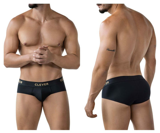Black men’s Clever 2028 Valladolid briefs in black with a gold logo on the waistband made from soft fabric