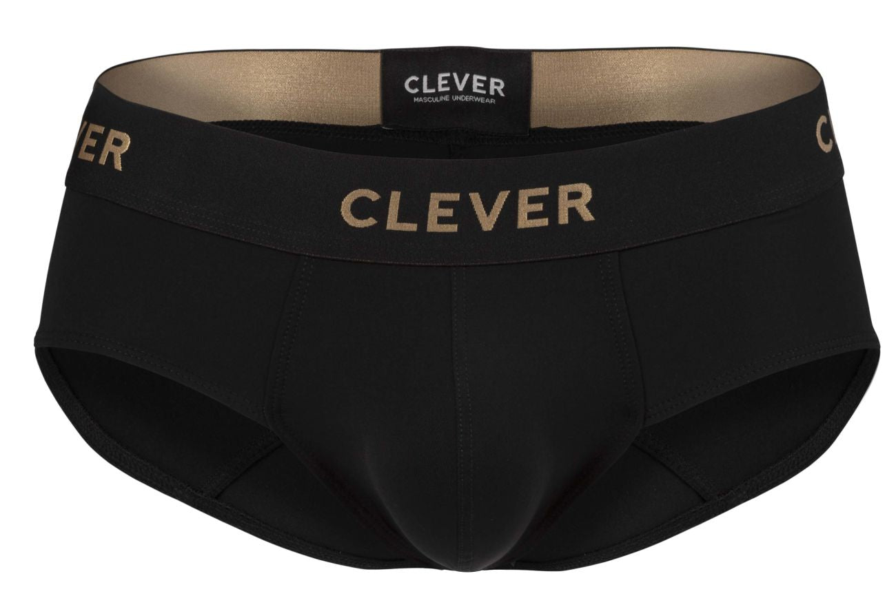 Black clever 2028 valladolid briefs with gold branding on waistband and matching label in front view