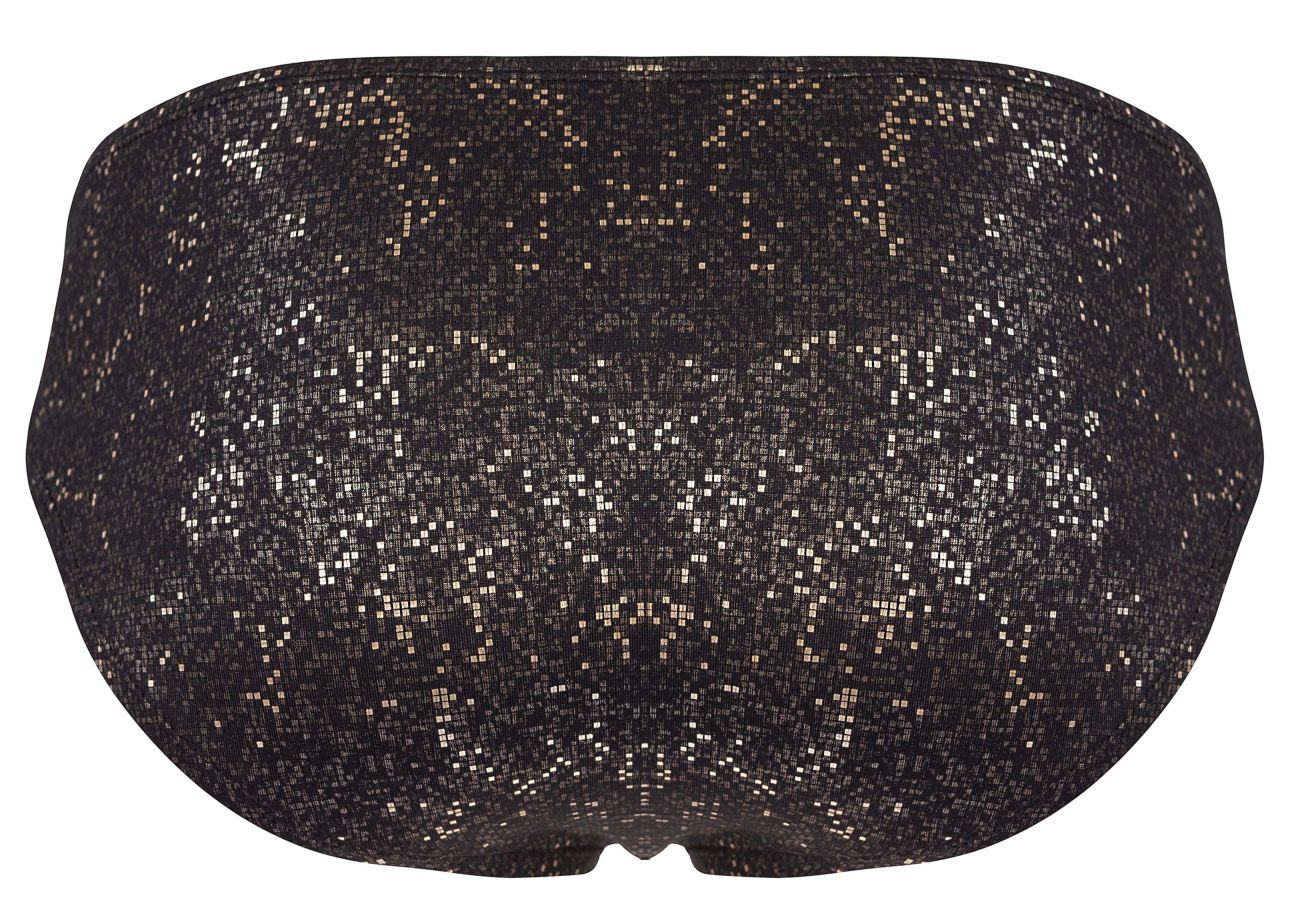 Black clever 2039 galaxy briefs bikini bottom with shimmering silver and gold sequined pixelated pattern