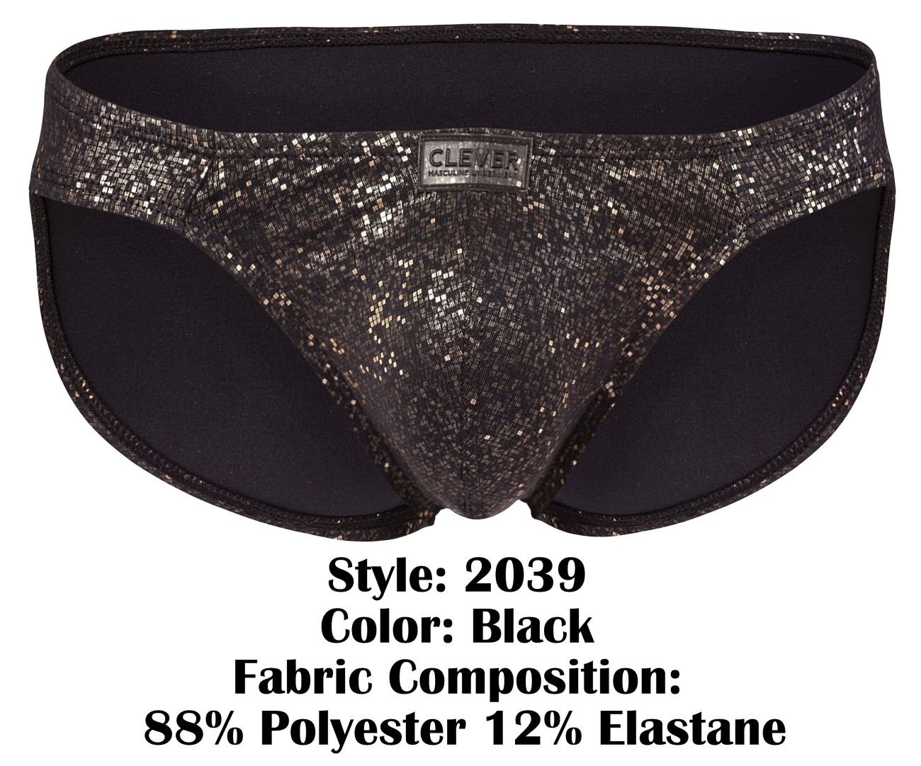 Black glittery clever 2039 galaxy briefs with sleek shiny texture and subtle shimmering pattern in front view