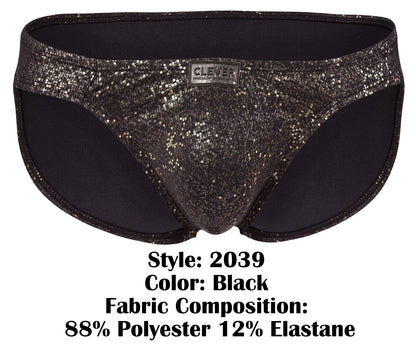 Black glittery clever 2039 galaxy briefs with sleek shiny texture and subtle shimmering pattern in front view