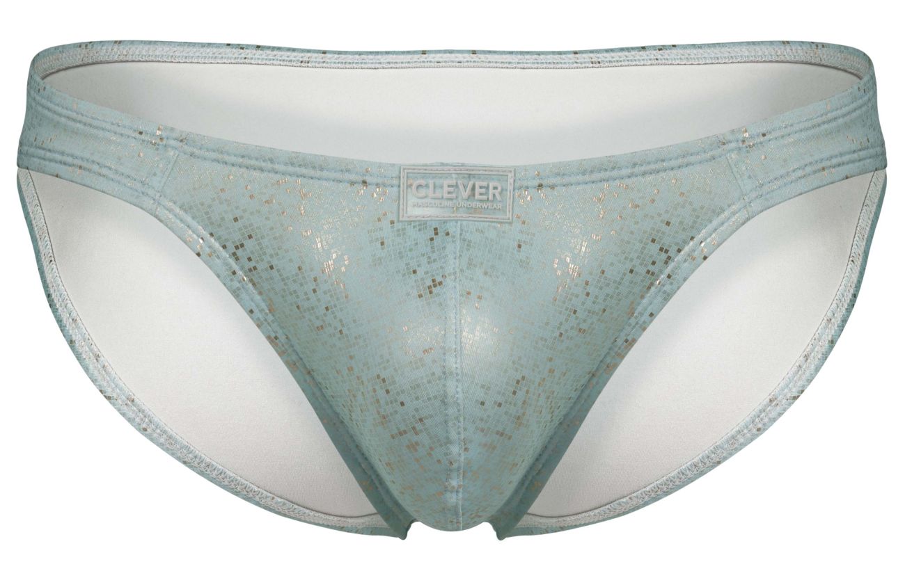 Light blue glittery mesh briefs with white inner lining and clever brand label from clever 2039 galaxy briefs color blue