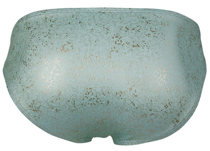A light teal shimmering sequined bikini bottom with subtle glittery texture from clever 2039 galaxy briefs blue