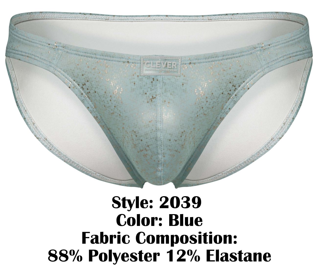 Light blue clever 2039 galaxy briefs made of sheer lace with a subtle glittery pattern and a branded label