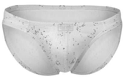 White clever 2039 galaxy briefs with subtle black speckled pattern and small rectangular brand tag on waistband