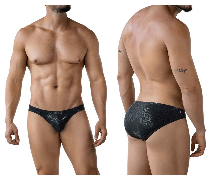 Black lace-trimmed clever 2040 luxe briefs with subtle gray floral pattern in black color for men