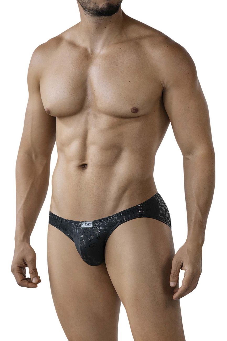 Black lace-trimmed clever 2040 luxe briefs in black with subtle pattern and logo on waistband