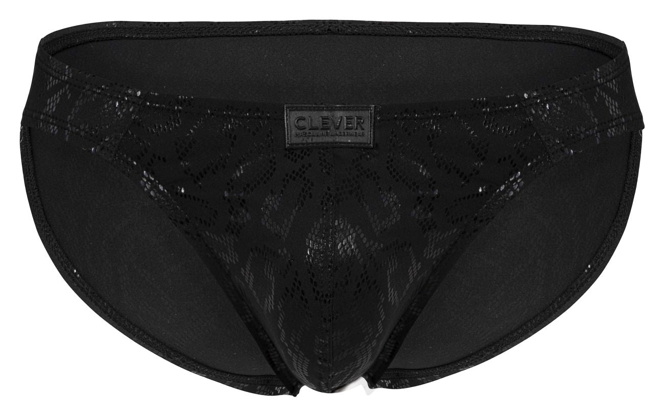 Black clever 2040 luxe briefs for men featuring lace trim subtle pattern and branded label in black color