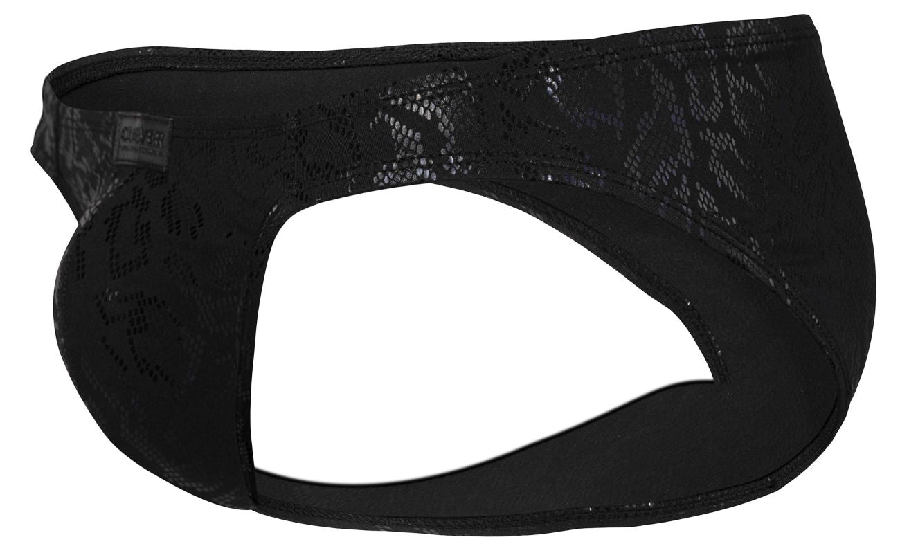 Black clever 2040 luxe briefs featuring lace trim and subtle snakeskin pattern with elastic waistband