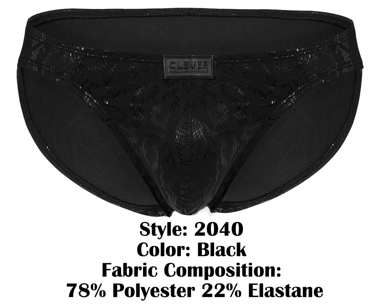 Black clever 2040 luxe briefs with lace trim intricate pattern subtle sheen and branded label on waistband