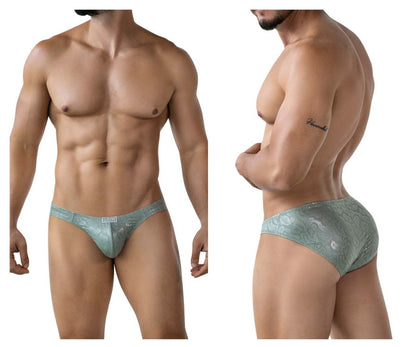 A sleek light teal clever 2040 luxe brief with lace trim and shimmering pattern in green color with brand tag
