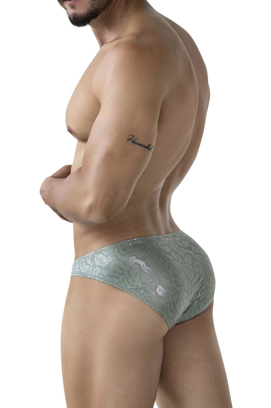 A sleek light green clever 2040 luxe brief with lace trim and a subtle shimmering pattern