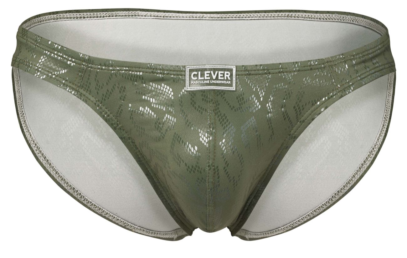 Olive green shiny snake-patterned men’s briefs with white Clever brand label from Clever 2040 Luxe Briefs collection
