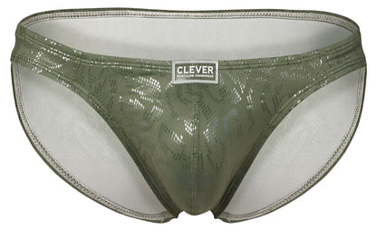 Olive green shiny snake-patterned men’s briefs with white Clever brand label from Clever 2040 Luxe Briefs collection