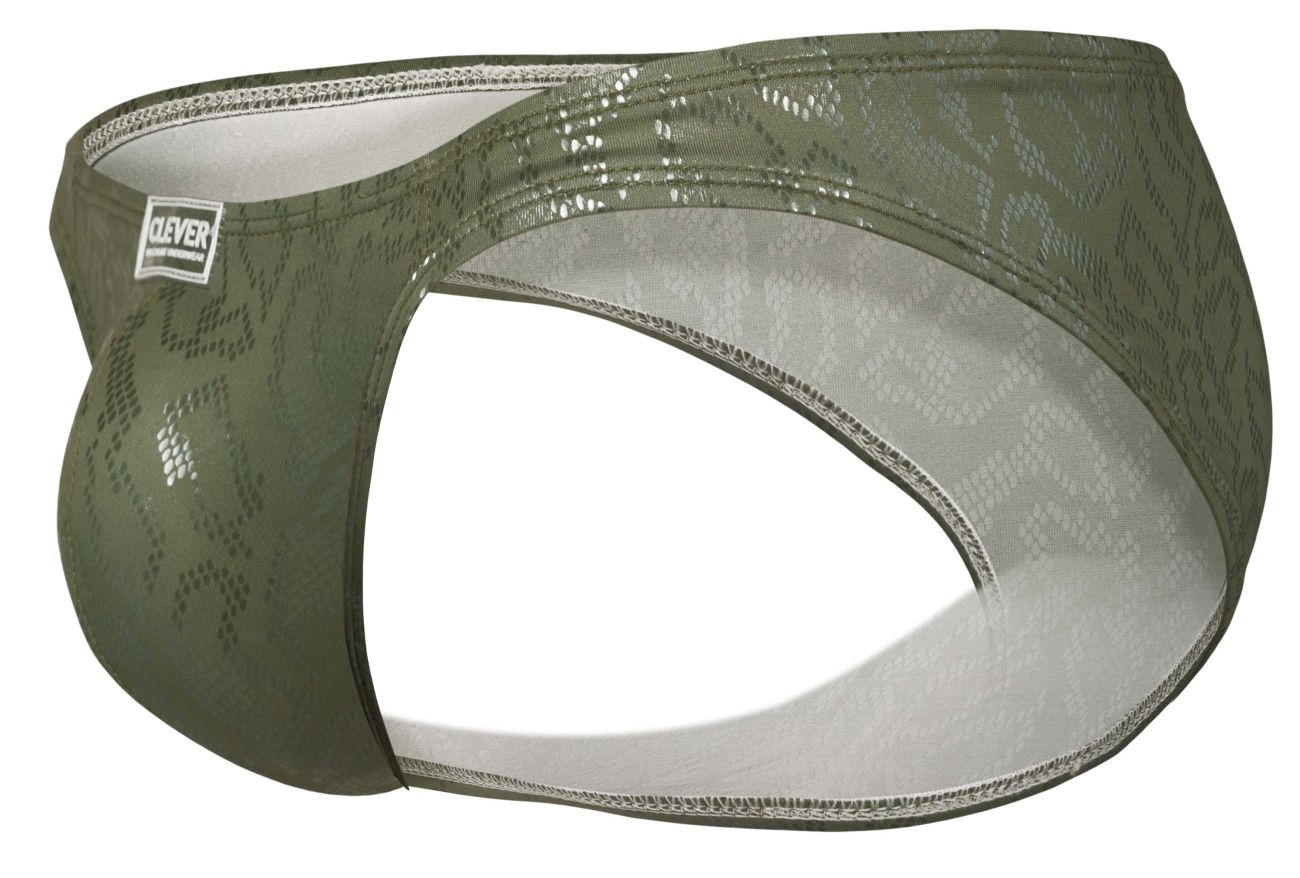 Olive green clever 2040 luxe briefs for men with patterned texture and white interior lining