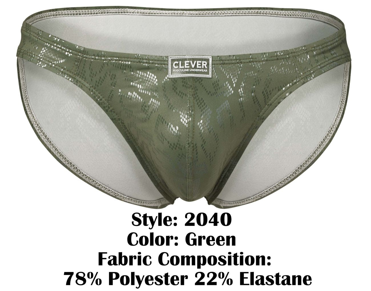 Olive green shiny lace trimmed men’s briefs with clever brand label from clever 2040 luxe briefs collection