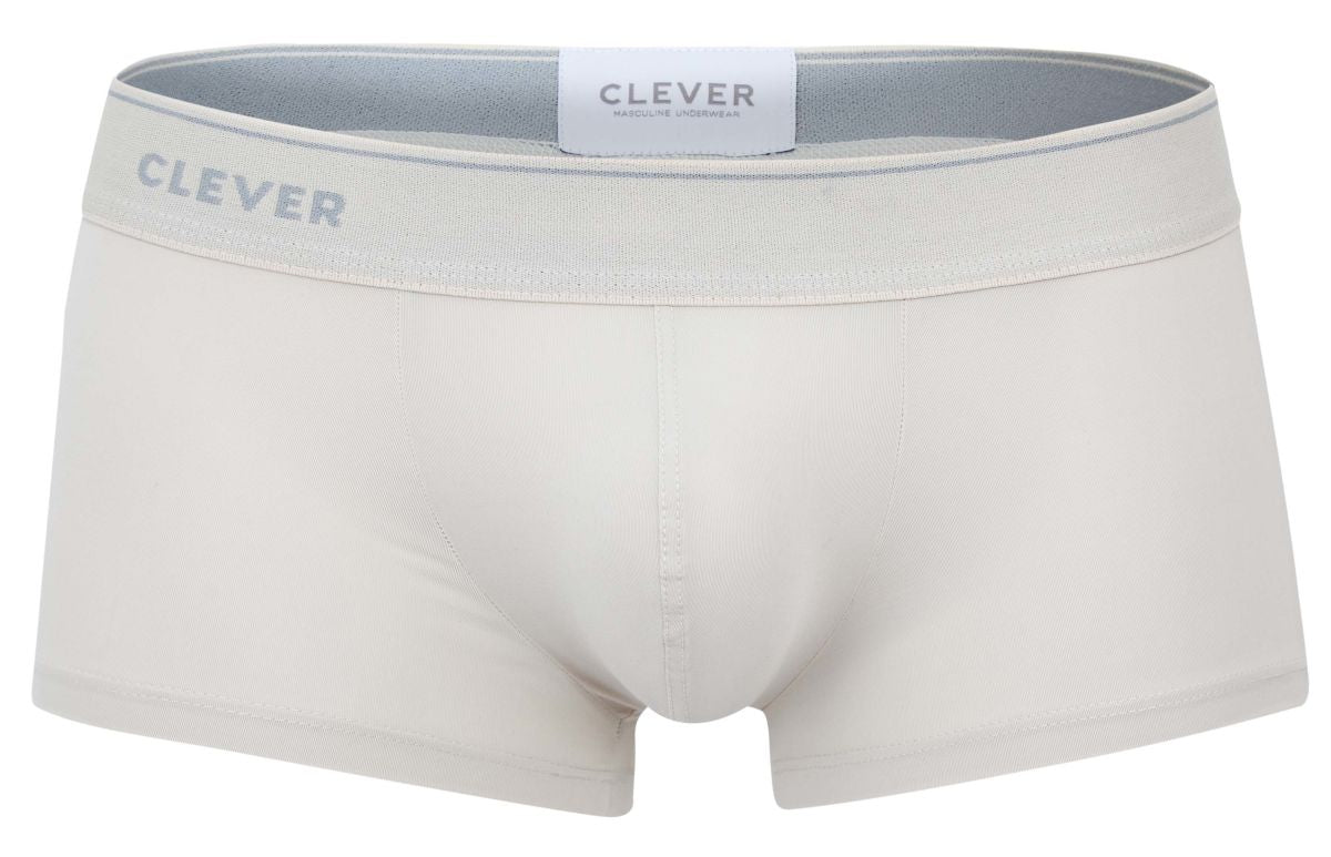 Cream-colored clever 2042 mendoza trunks boxer briefs with gray elastic waistband and subtle clever branding
