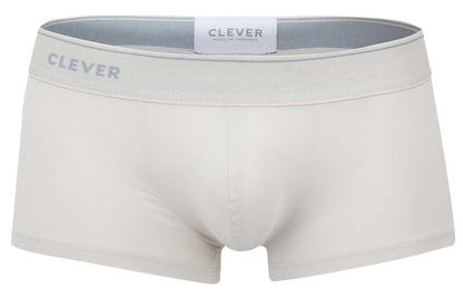 Cream-colored clever 2042 mendoza trunks boxer briefs with gray elastic waistband and subtle clever branding