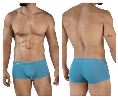 Blue men’s boxer briefs with a white waistband featuring clever brand name from clever 2042 mendoza trunks collection