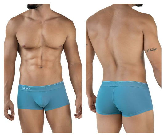 Blue men’s boxer briefs with a white waistband featuring clever brand name from clever 2042 mendoza trunks collection